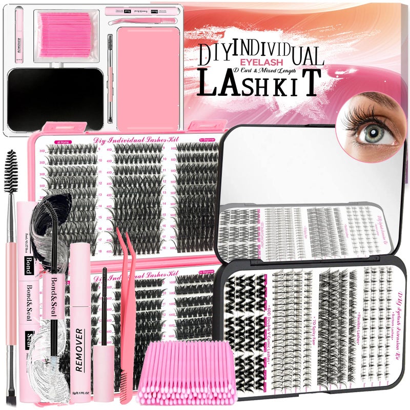 QUKLOGEN DIY Lash Extension Kit 782Pcs D Curl 4 styles Individual Lash with Bottom Lash Clusters Lash Bond and SealQuick Glue Remover Tweezers Eyelash Brush Mini Applicator LASH001